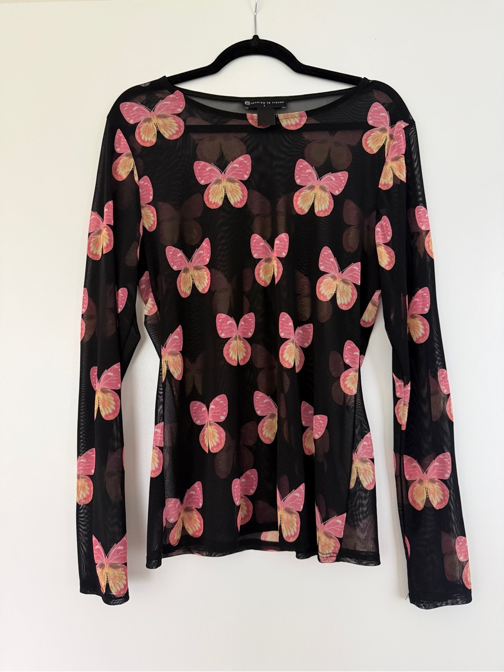 Fashion to Figure Black Sheer Long-Sleeve Top with Pink Butterfly Print